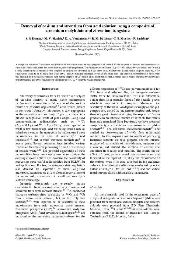 (PDF) Removal of cesium and strontium from acid solution using a ...