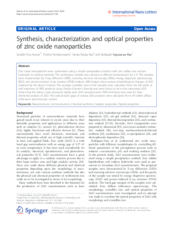 (PDF) Synthesis, characterization and optical properties of zinc oxide ...