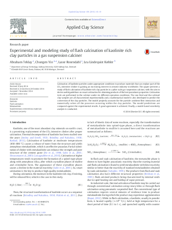 (PDF) Experimental and modeling study of flash calcination of kaolinite