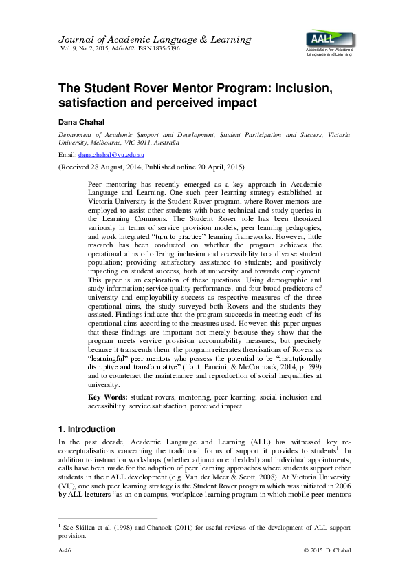(PDF) The Student Rover Mentor Program: Inclusion, satisfaction and ...