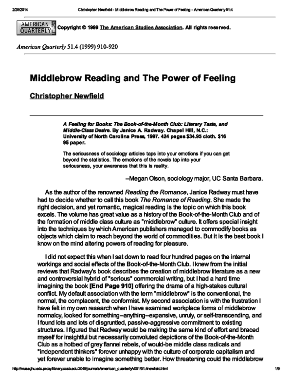 (PDF) Middlebrow Reading and The Power of Feeling