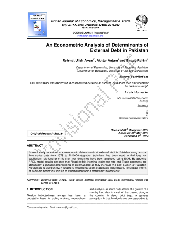 (PDF) An Econometric Analysis of Determinants of External Debt in Pakistan