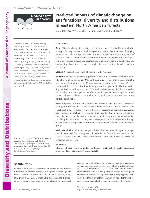(PDF) Predicted impacts of climatic change on ant functional diversity ...