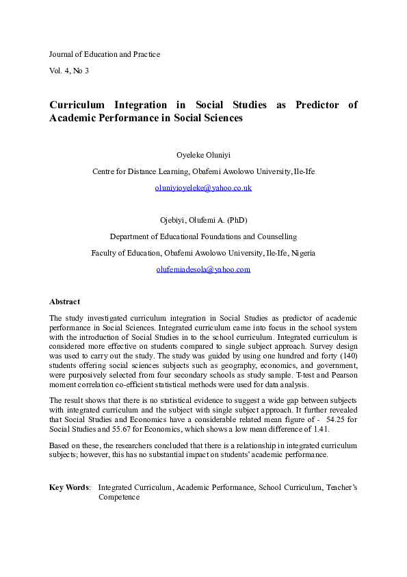 (DOC) Curriculum Integration in Social Studies as Predictor of Academic