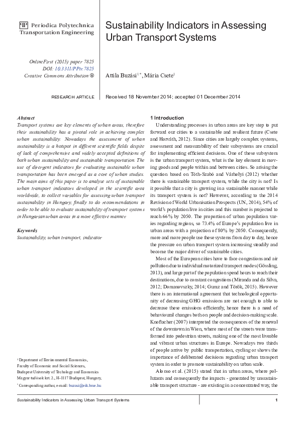 (PDF) Sustainability Indicators in Assessing Urban Transport Systems