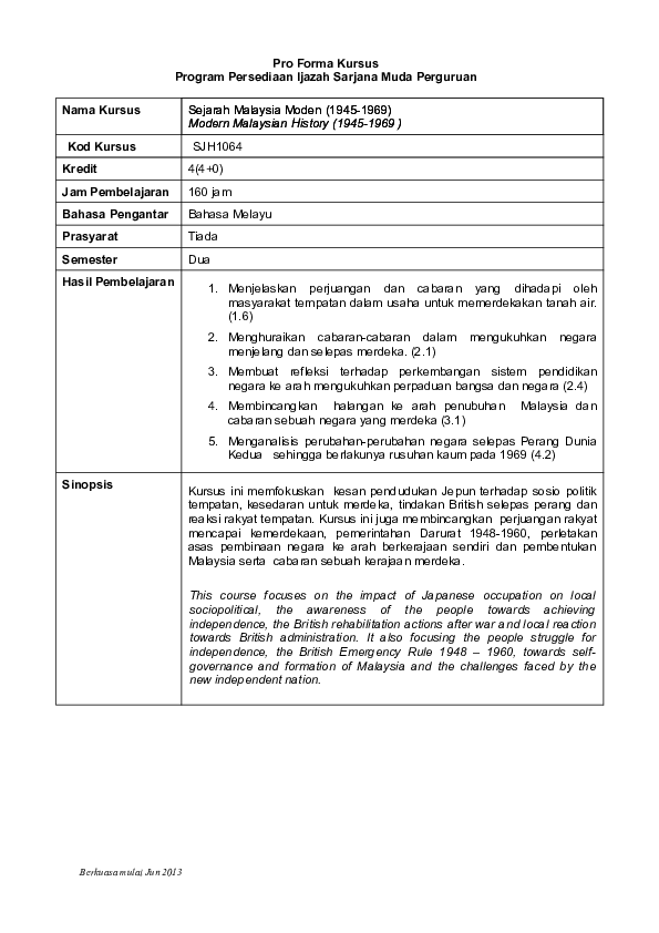 Doc Proforma Sjh1064 Sejarah Malaysia Moden 1945 1969 Nuna Wawa Academia Edu