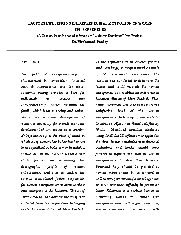 (DOC) FACTORS INFLUENCING ENTREPRENEURIAL MOTIVATION OF WOMEN ENTREPRENEURS