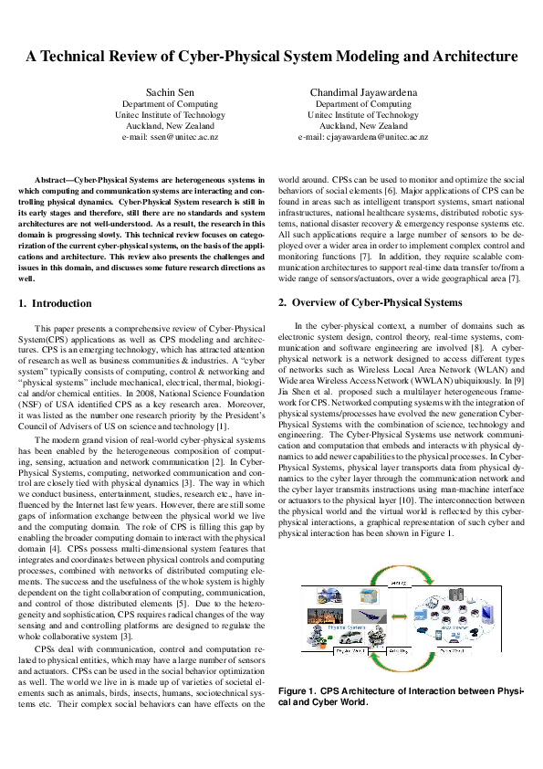 (PDF) A Technical Review of Cyber-Physical System Modeling and Architecture