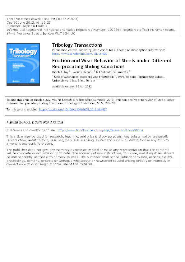(PDF) Friction and Wear Behavior of Steels under Different ...