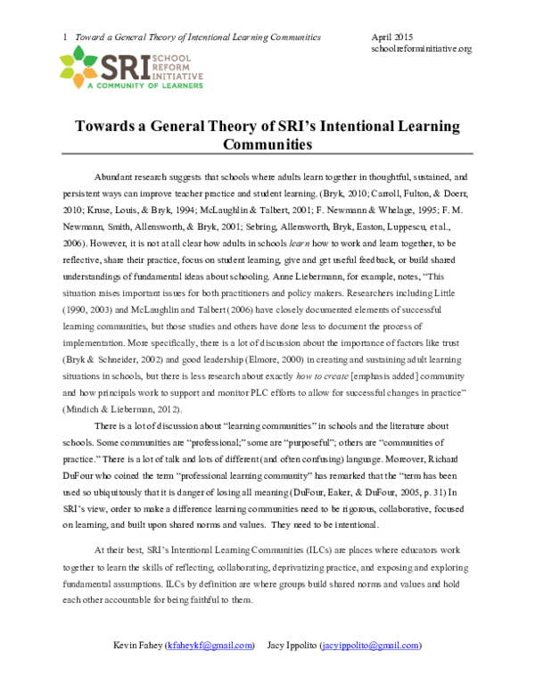 (PDF) Towards a General Theory of SRI’s Intentional Learning Communities
