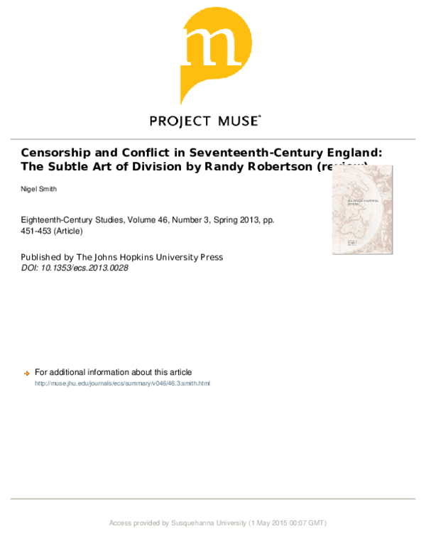 (PDF) Nigel Smith, review of Censorship and Conflict in Seventeenth