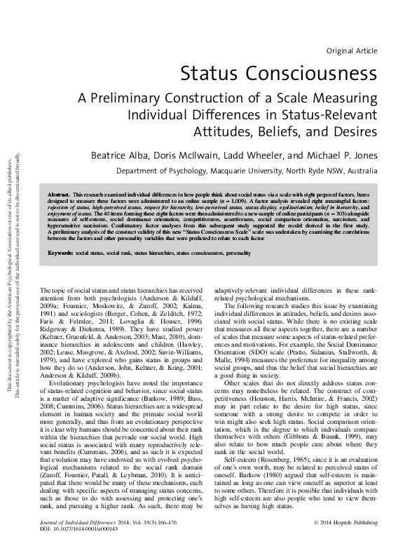 (PDF) Status Consciousness A preliminary construction of a scale