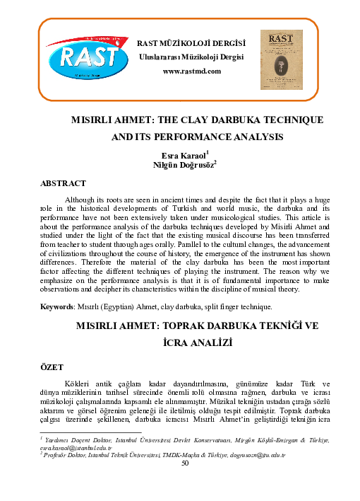 (PDF) Misirli Ahmet The Clay Darbuka Technique and Its Performance Analysis Esra Karaol