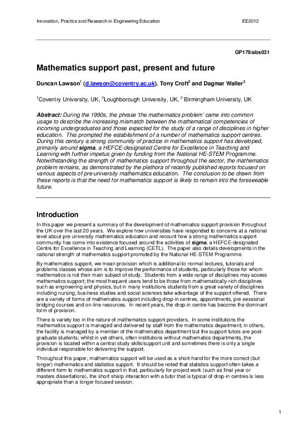 (PDF) Mathematics support past, present and future