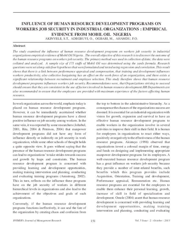 (PDF) INFLUENCE OF HUMAN RESOURCE DEVELOPMENT PROGRAMS ON WORKERS JOB ...