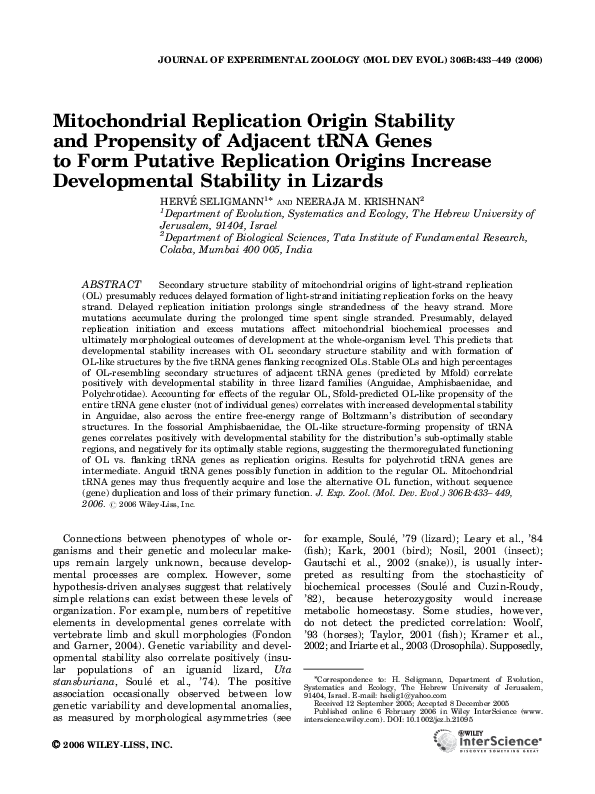 (PDF) Mitochondrial replication origin stability and propensity of