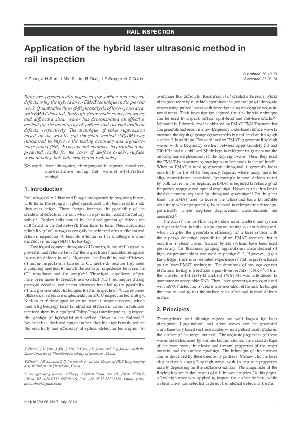 (PDF) Application of the hybrid laser ultrasonic method on rail inspection