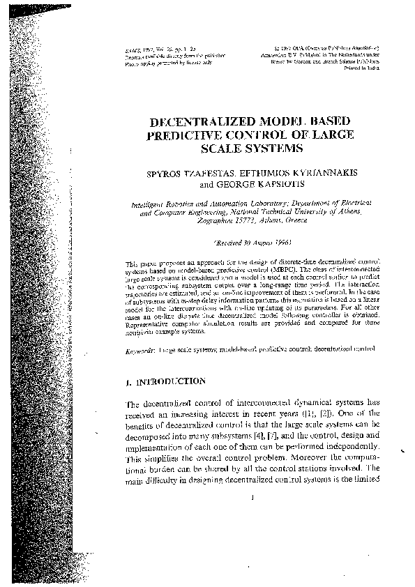 (PDF) Decentralized model based predictive control of large scale systems