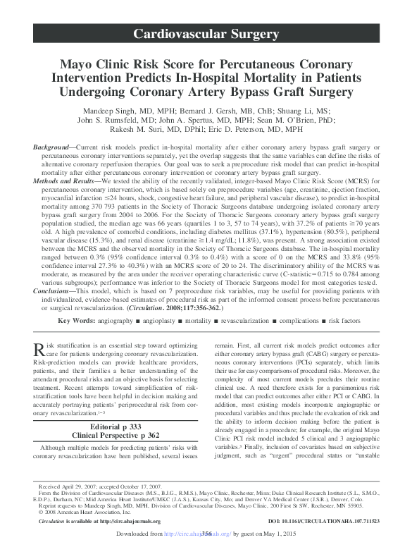 (PDF) Mayo Clinic Risk Score for Percutaneous Coronary Intervention ...