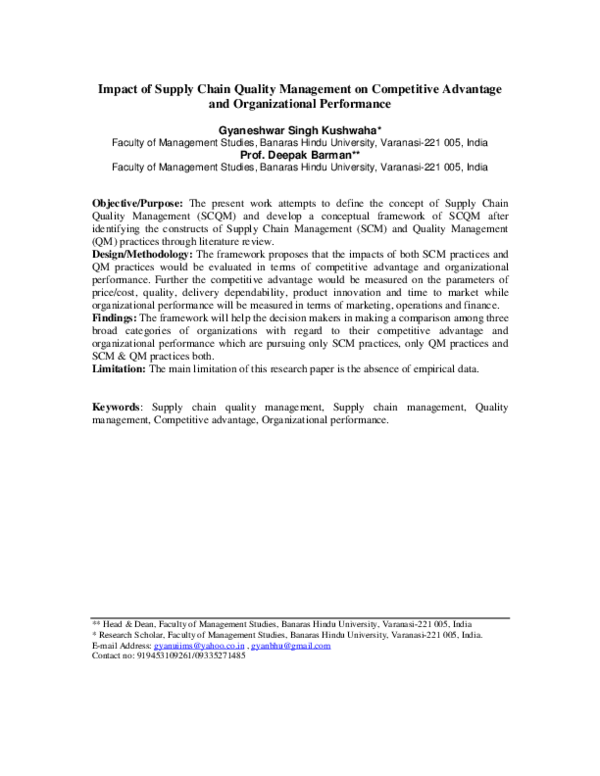 (PDF) Impact of Supply Chain Quality Management on Competitive ...