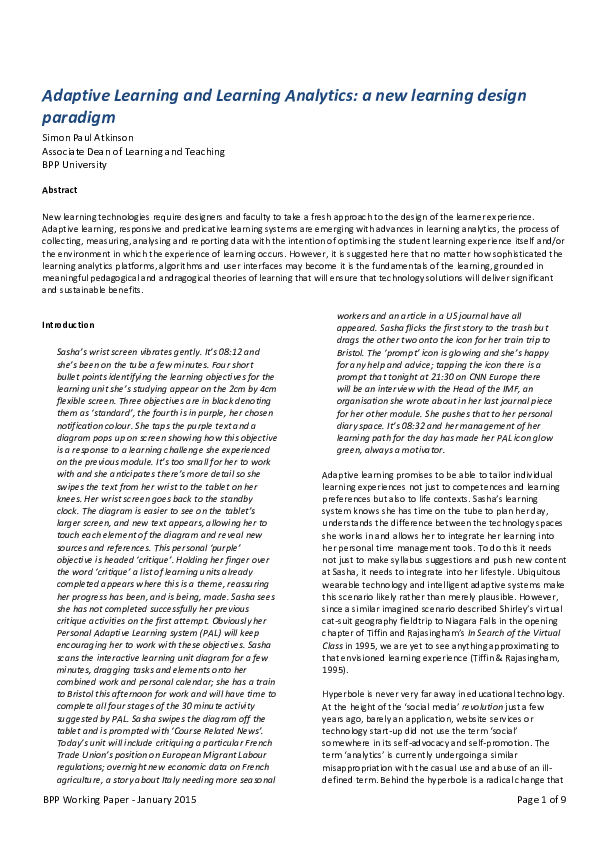 (PDF) Adaptive Learning and Learning Analytics: a new learning design ...