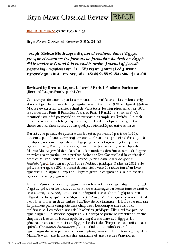 (PDF) Recension. J. Mélèze Modrzejewski, Loi et coutume dans l'Egypte