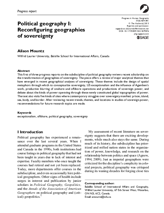 (PDF) Political geography I Reconfiguring geographies of sovereignty