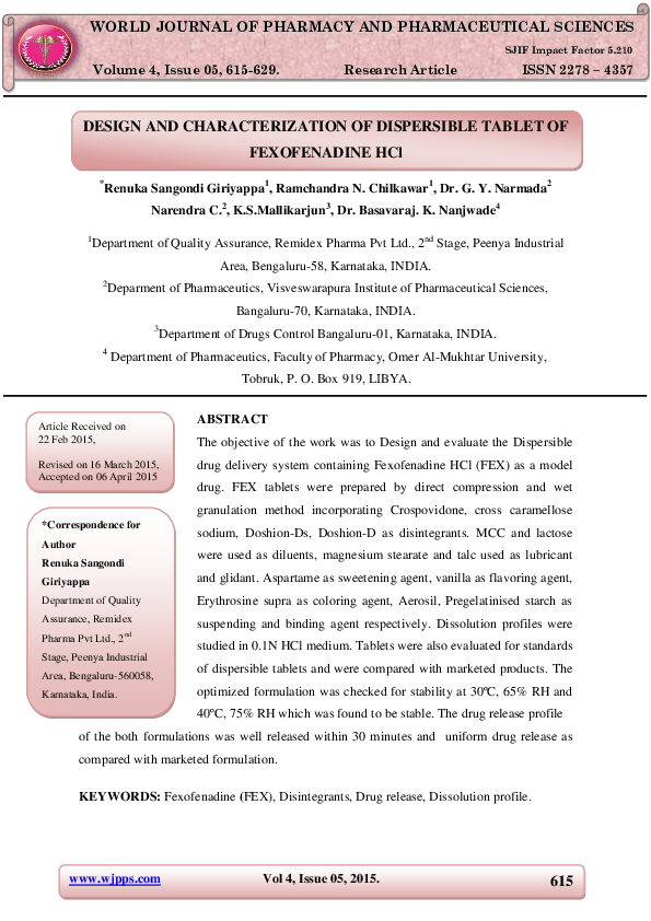 (PDF) DESIGN AND CHARACTERIZATION OF DISPERSIBLE TABLET OF FEXOFENADINE HCl