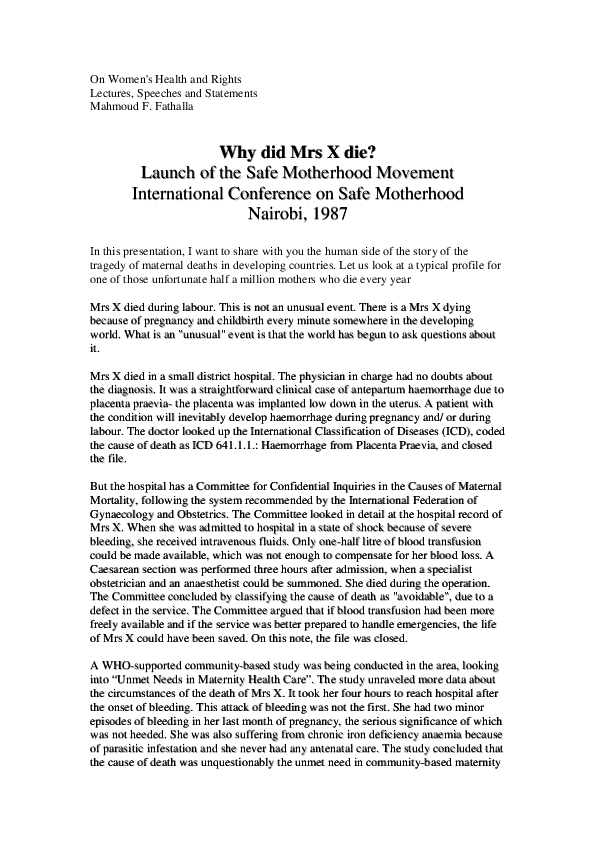 (PDF) Why did Mrs X die? Launch of the Safe Motherhood Movement