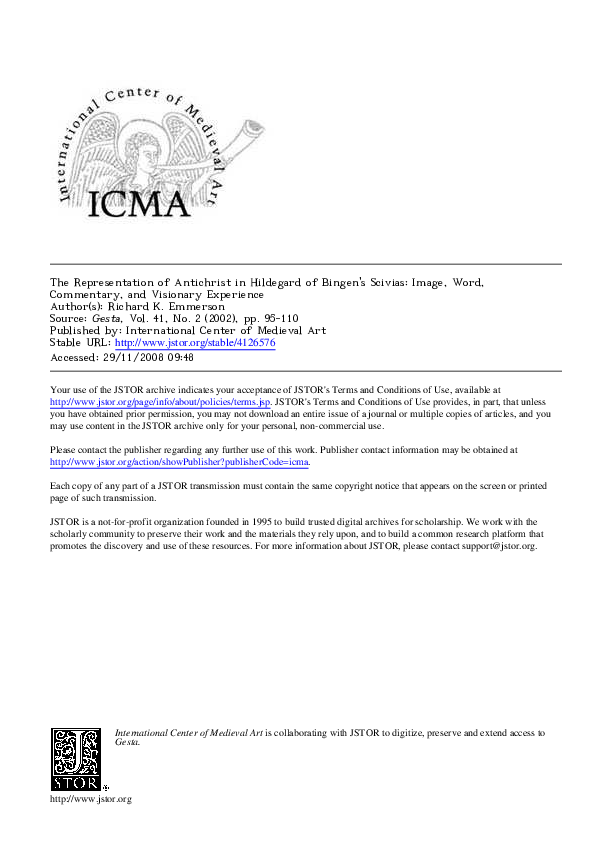 "The Representation of Antichrist in Hildegard of Bingen's Scivias: Image, Word, Commentary, and Visionary Experience."  Gesta 41 (2002): 95-110.