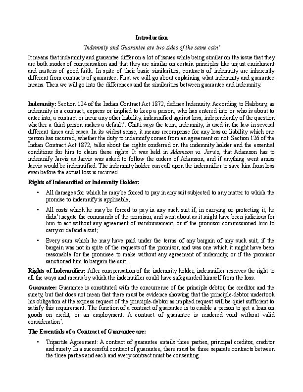 (PDF) Difference between contracts of Indemnity and Guarantee under Indian Contract Act Ankit