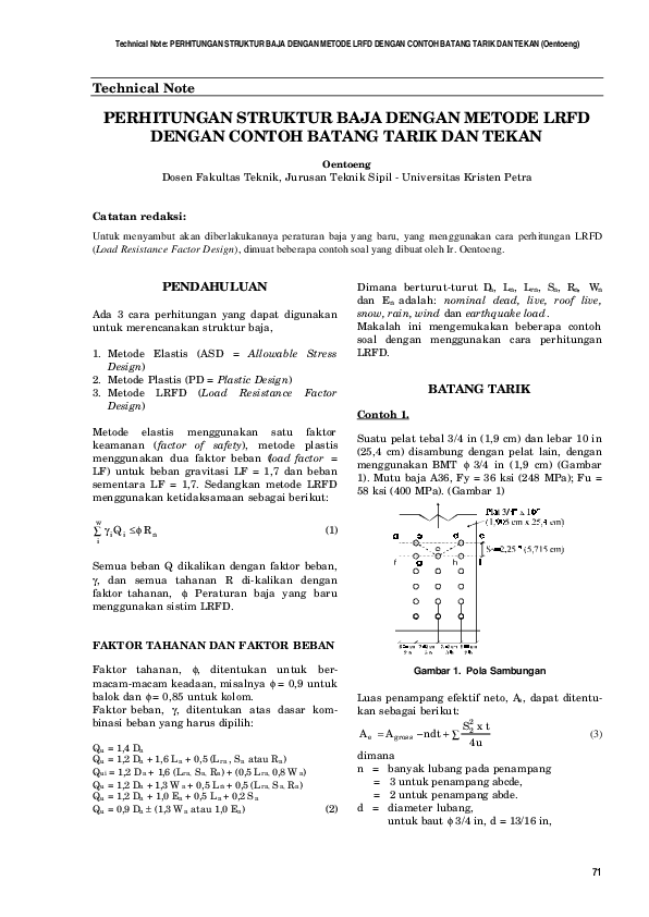 Pdf Technical Note Perhitungan Struktur Baja Dengan Metode Lrfd Dengan Contoh Batang Tarik Dan Tekan Oentoeng Technical Note Perhitungan Struktur Baja Dengan Metode Lrfd Dengan Contoh Batang Tarik Dan Tekan Oentoeng
