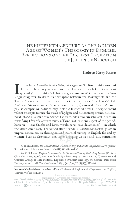 The Fifteenth Century as the Golden  Age of Women’s Theology in English:  Reflections on the Earliest Reception  of Julian of Norwich