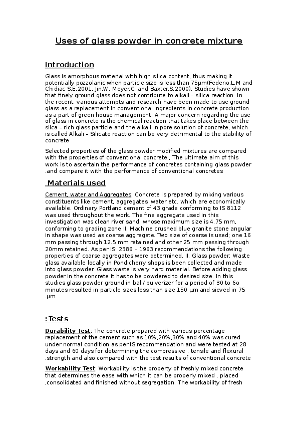 (DOC) uses of glass powder in concrete mixture sarah nofal Academia.edu