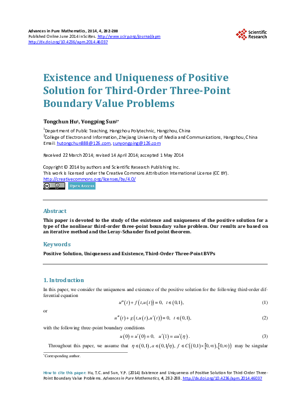 (PDF) Existence and Uniqueness of Positive Solution for Third-Order ...