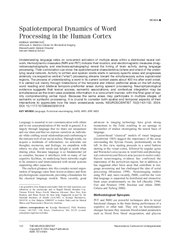 (PDF) Spatiotemporal Dynamics of Word Processing in the Human Cortex