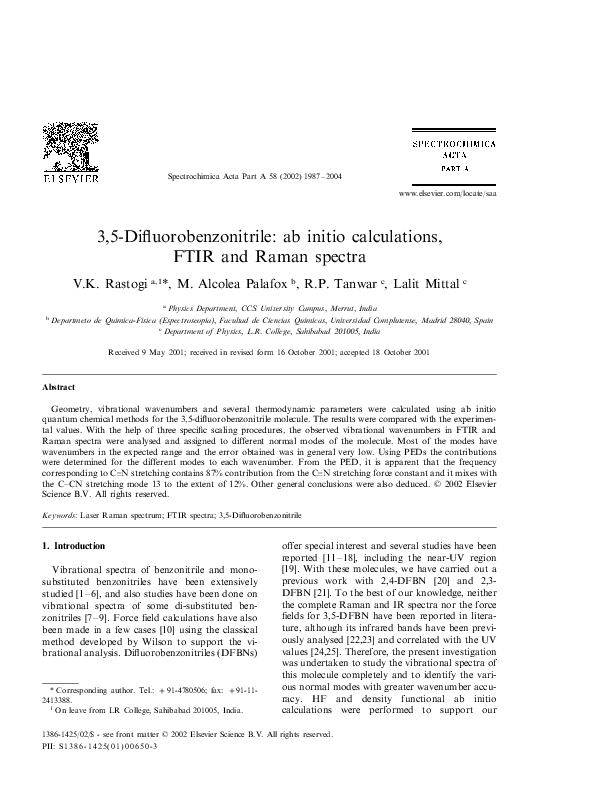 (PDF) 3,5-Difluorobenzonitrile: ab initio calculations, FTIR and Raman ...