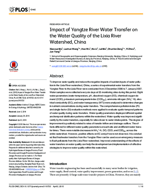 (PDF) Impact of Yangtze River Water Transfer on the Water Quality of ...