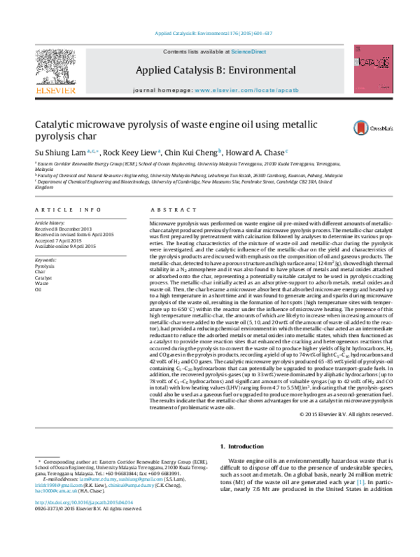 (PDF) Catalytic microwave pyrolysis of waste engine oil using metallic