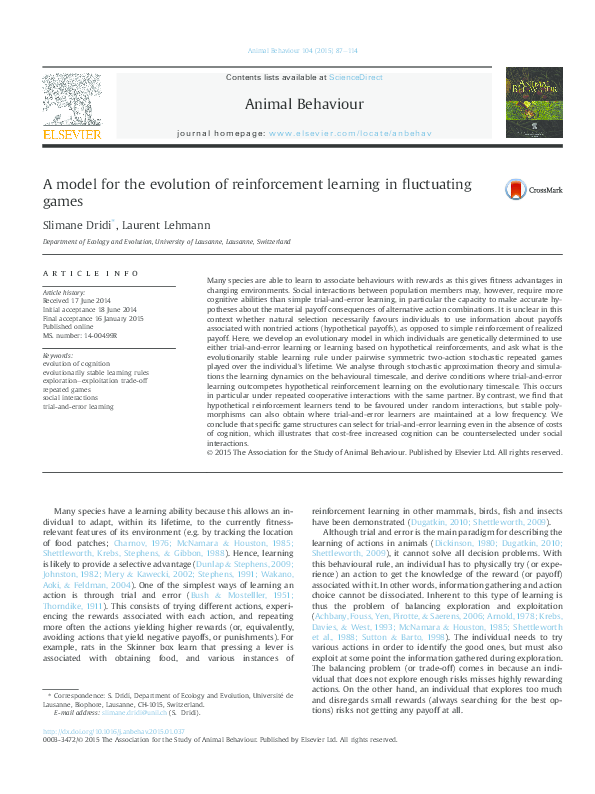 (PDF) A model for the evolution of reinforcement learning in ...