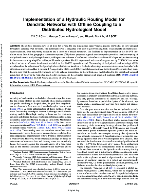 (PDF) Implementation of a Hydraulic Routing Model for Dendritic ...