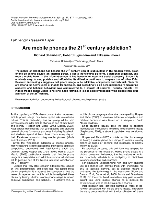 (PDF) Are mobile phones the 21st century addiction? Richard Shambare
