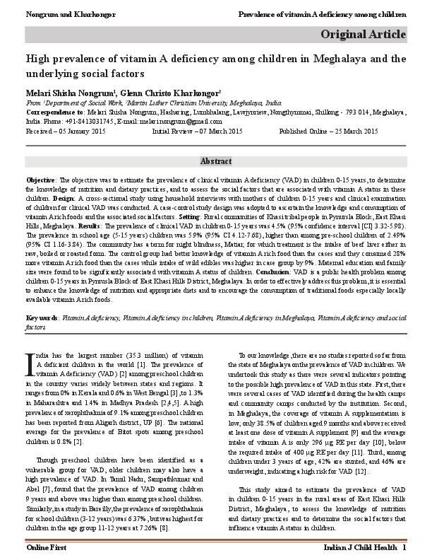 (PDF) High Prevalence of Vitamin A Deficiency among children in ...