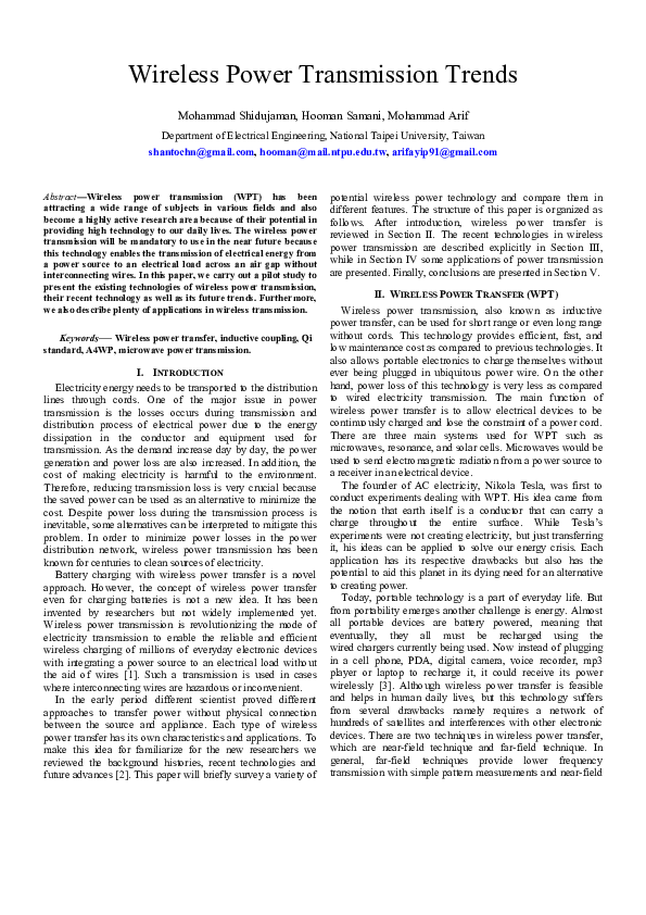 (PDF) Wireless Power Transmission Trends Hooman Samani and Mohammad Shidujaman Academia.edu
