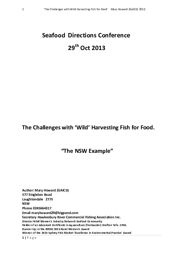 (PDF) The Challenge of Wild Harvesting Fish the NSW Example Mary
