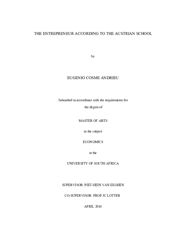 Pdf The Entrepreneur According To The Austrian School Eugenio