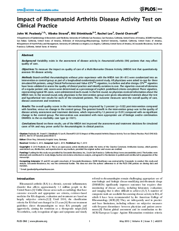 (PDF) Impact of Rheumatoid Arthritis Disease Activity Test on