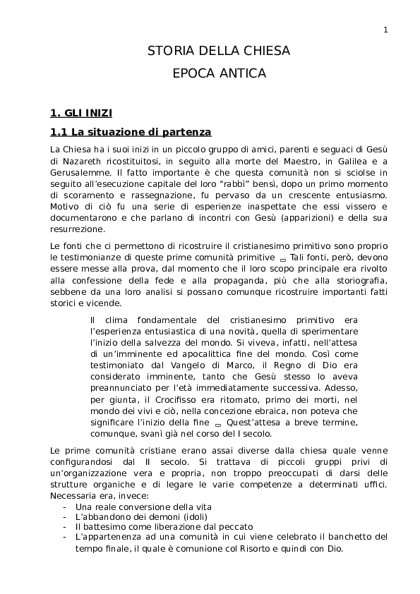 STORIA DELLA CHIESA EPOCA ANTICA 1. GLI INIZI 1.1 La situazione di partenza