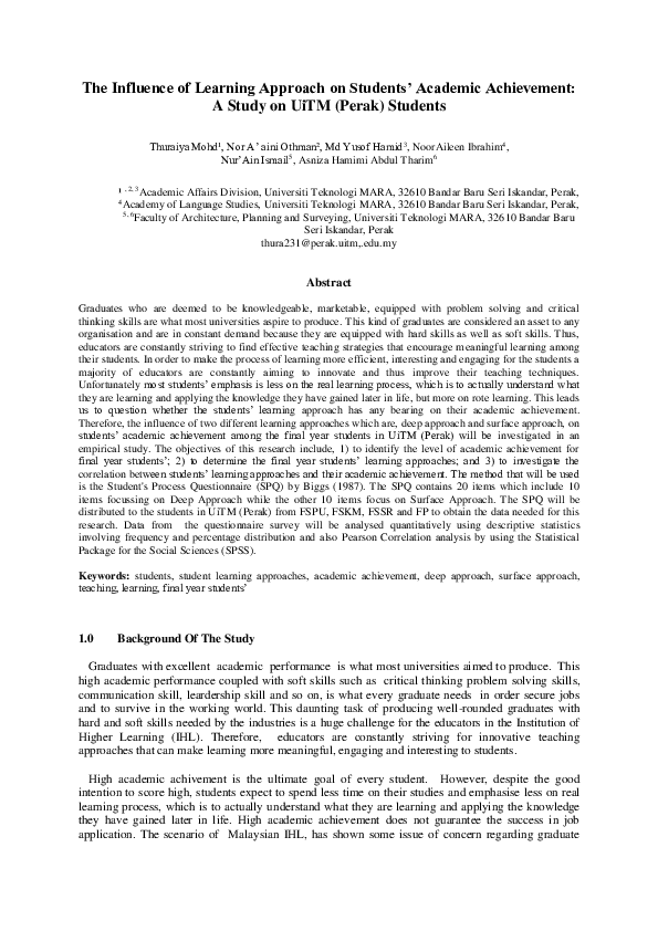 Pdf The Influence Of Learning Approach On Students Academic Achievement