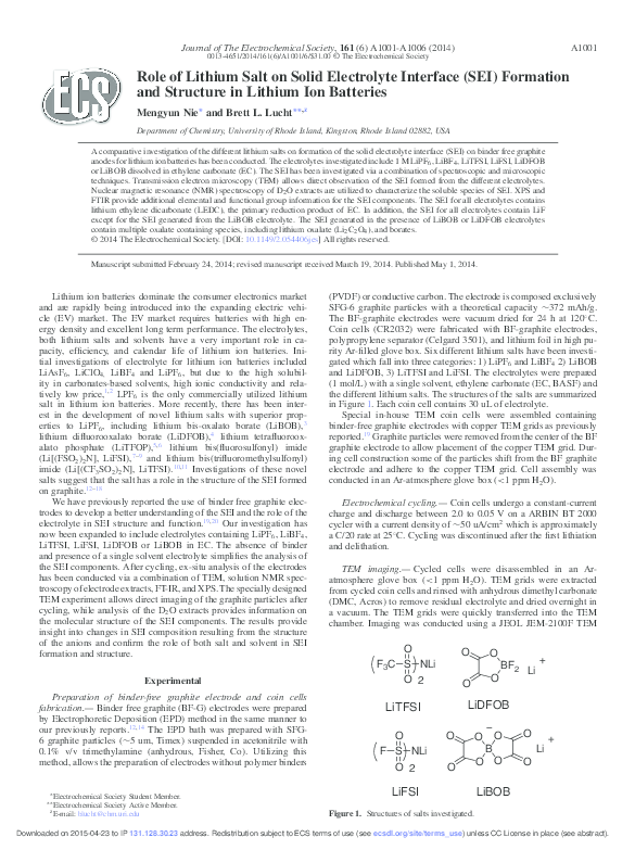 Role Of Lithium Salt On Solid Electrolyte Interface Sei Formation And